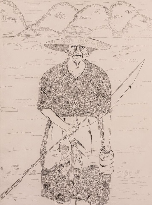 Fishing Lady Etching