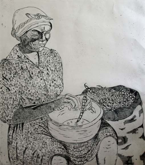 Lady Shelling Peas Etching
